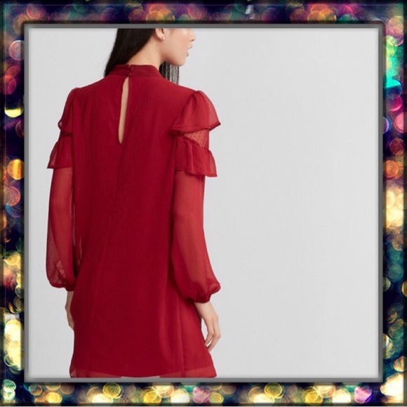 {Express} Cut Out Chock Mock Neck Sheath Red Mini Flowy Ruffle Dress - Picture 2 of 7